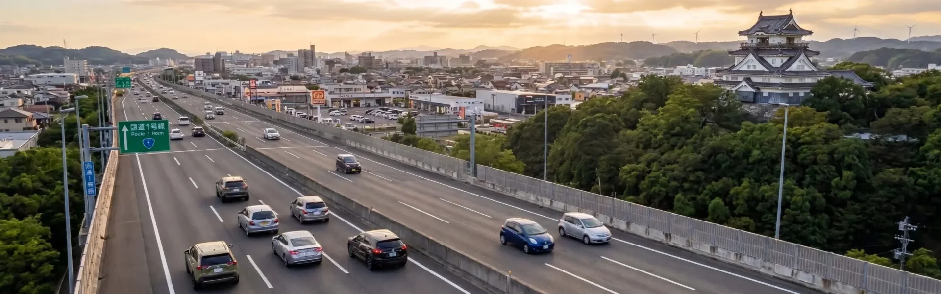 夕暮れ時の国道1号線を走る国産車と遠景に佇む岡崎城